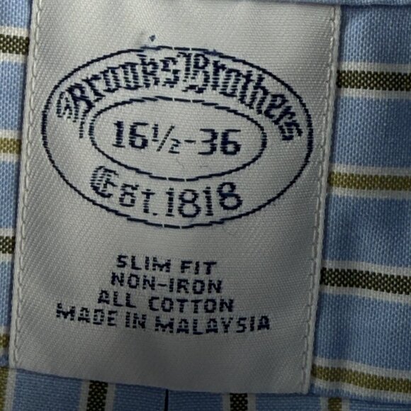 Brooks Brothers 16.5 36 Slim Fit Non Iron Striped Blue Button Up Point Collar - Picture 10 of 16